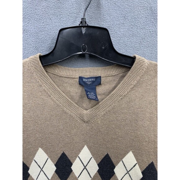 Dockers Sweater Vest Mens XL Beige Black Argyle V Neck 100% Cotton Sleeveless - Picture 8 of 13